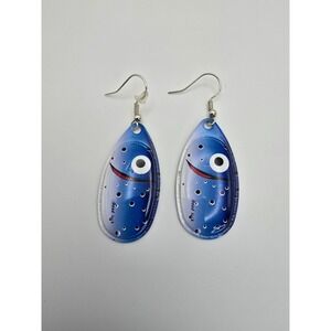 GOOD LUCK Signed Spinner Blade Fishing Lure Earrings Blue &‎ White FREE $HIP!